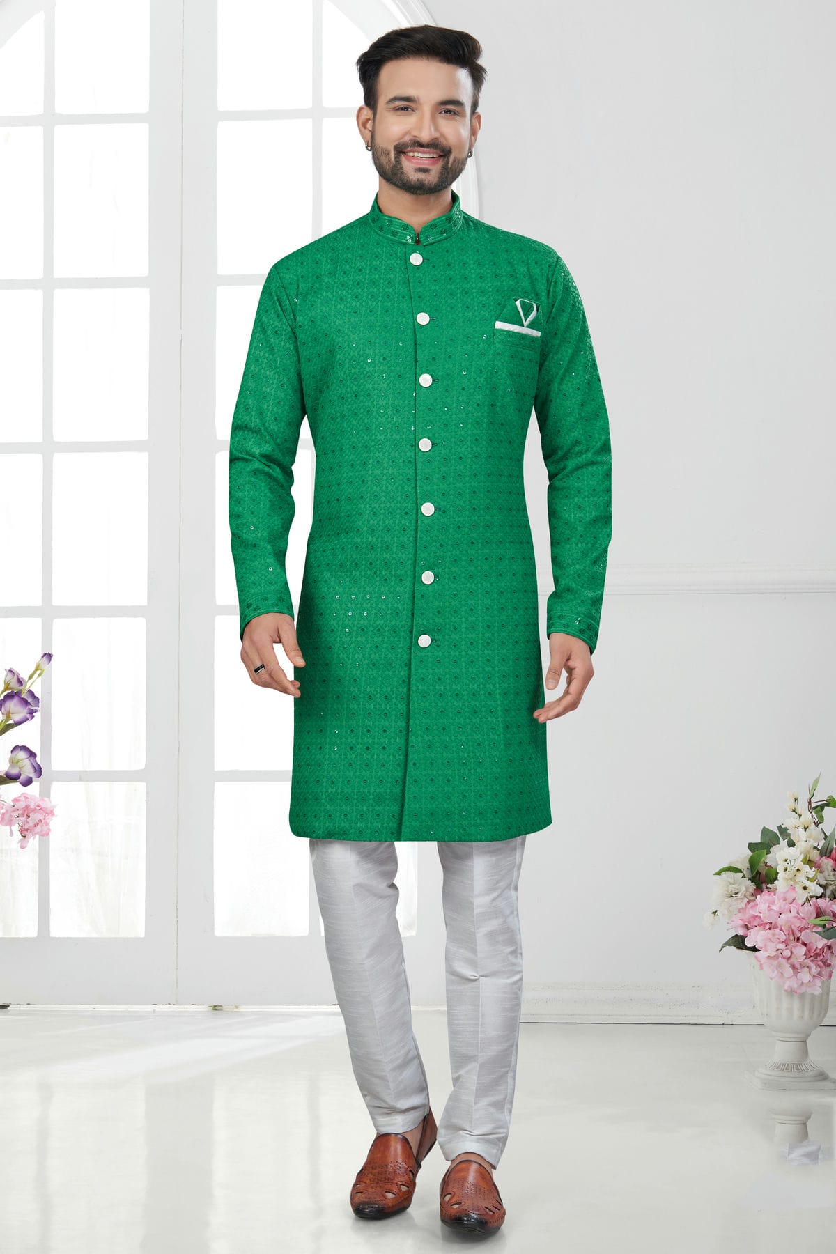 Green Colour Silk Dupion Sherwani