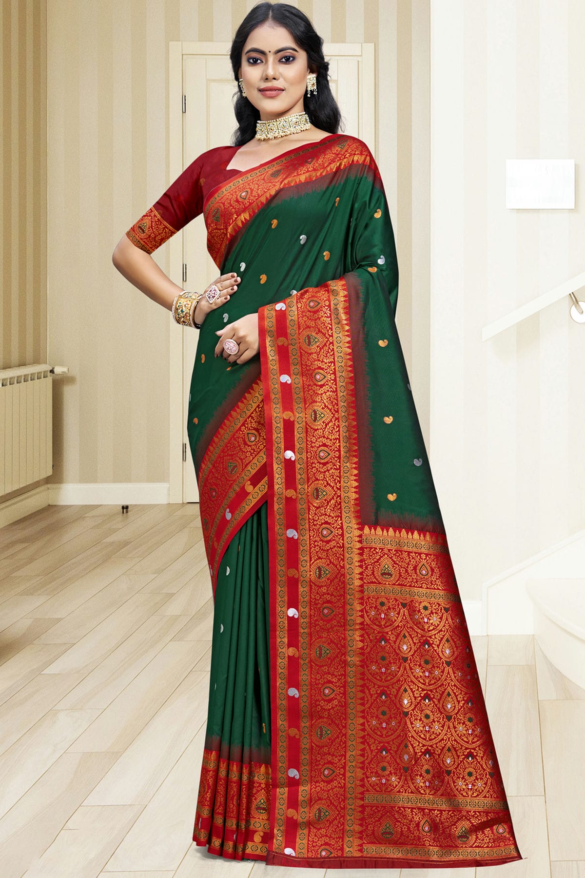 Green Colour Silk Woven Work Traditional Saree