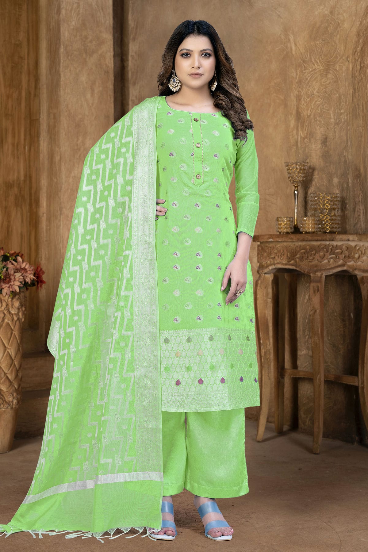 Green Colour Unstitched Banarasi Jacquard Palazoo Pant Suit
