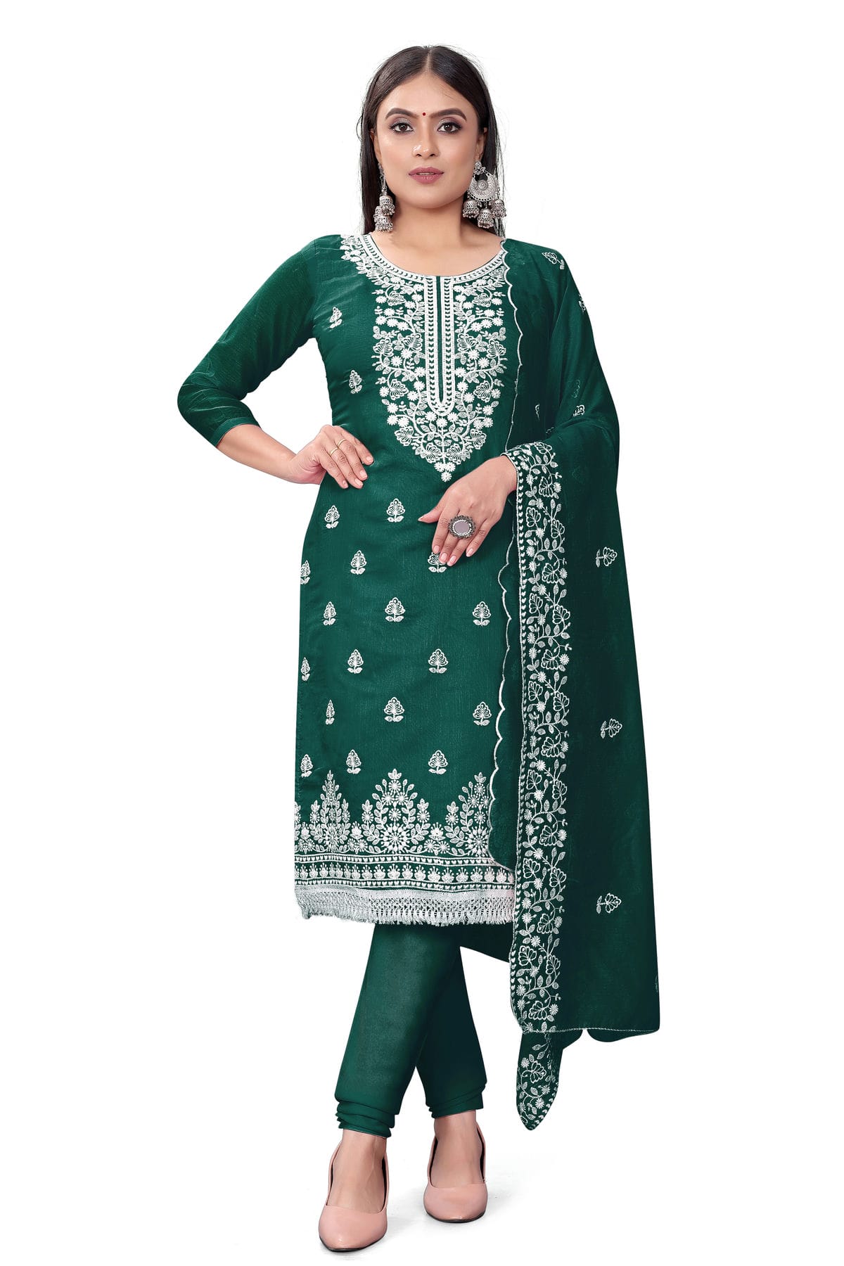 Green Colour Unstitched Chanderi Cotton Churidar Suit