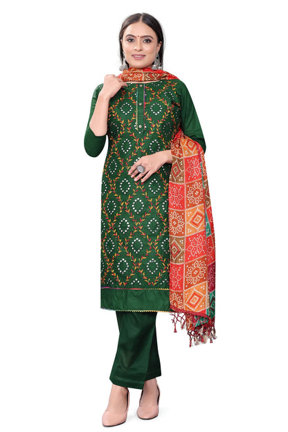 Green Colour Unstitched Cotton Pant Style Suit