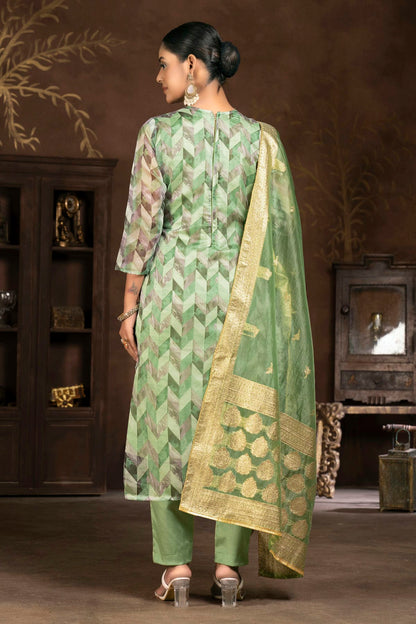 Green Colour Unstitched Organza Jacquard Pant Style Suit VSUS1161329