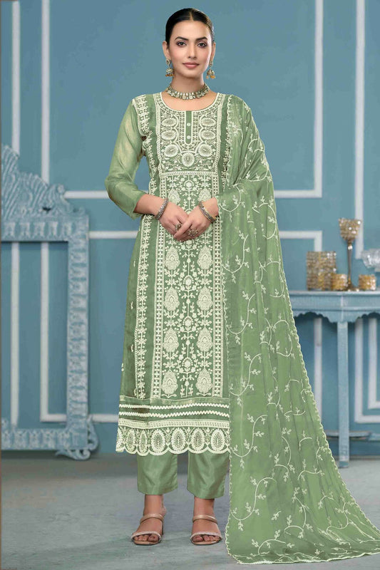 Green Colour Viscose Organza Pant Style Suit VSSM1113203
