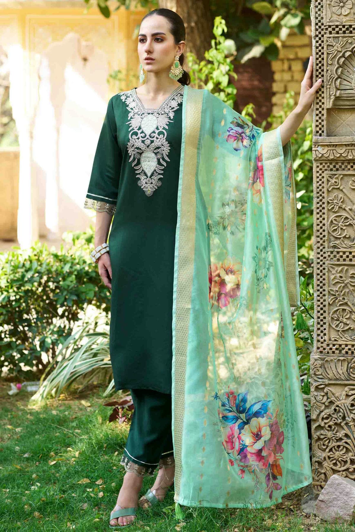 Green Colour Viscose Rayon Embroidery Pant Style Suit VSSS1113629