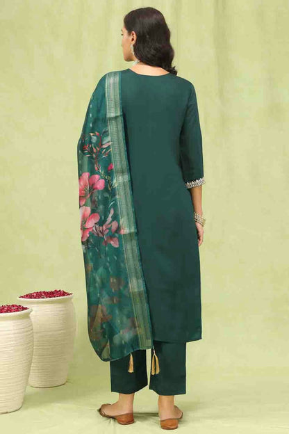 Green Colour Viscose Roman Silk Stitched Pant Style Suit VSSS1113898