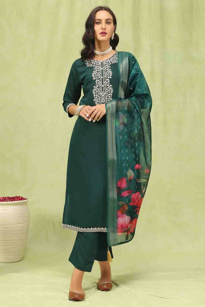 Green Colour Viscose Roman Silk Stitched Pant Style Suit VSSS1113898