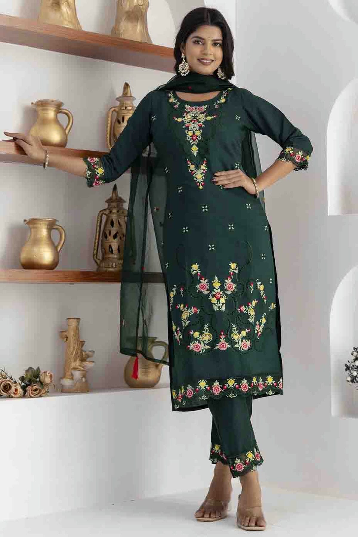 Green Colour Viscose Silk Embroidery Pant Style Suit VSSS1113616