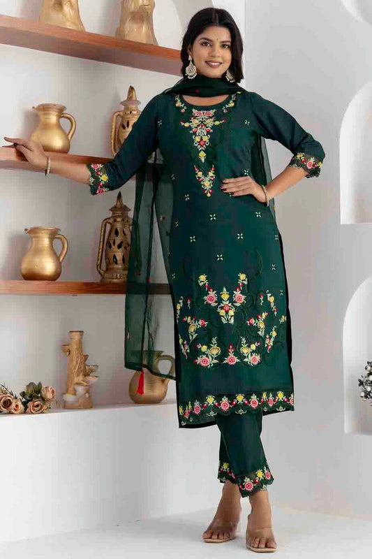 Green Colour Viscose Silk Embroidery Pant Style Suit VSSS1113616