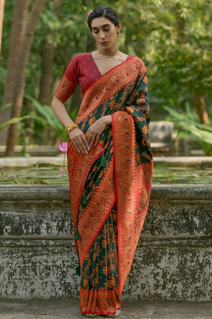 Green Colour Woven Work Pashmina Silk Saree