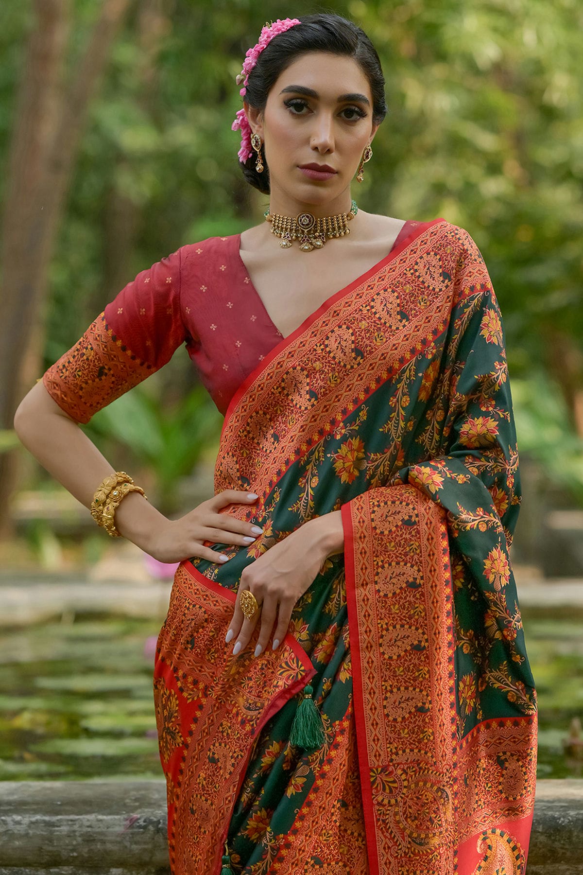 Green Colour Woven Work Pashmina Silk Saree