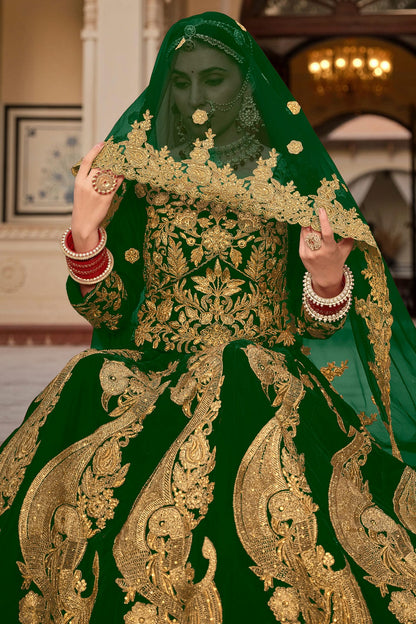 Green Embroidery  Velvet Lehenga Choli