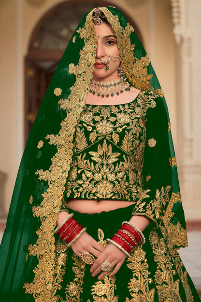 Green Embroidery  Velvet Lehenga Choli