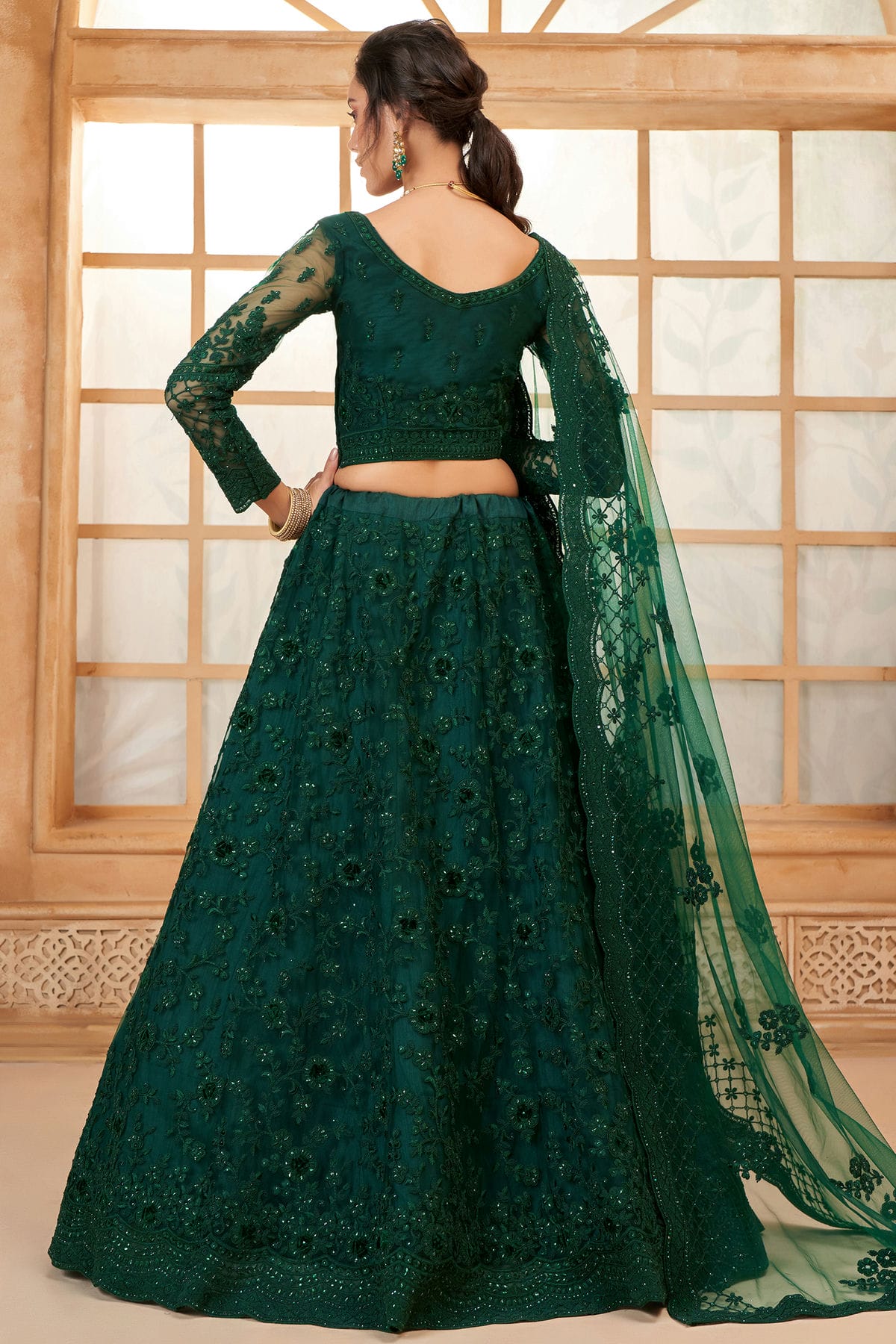 Green Embroidery Net and SilK Lehenga Choli VSLC1290150