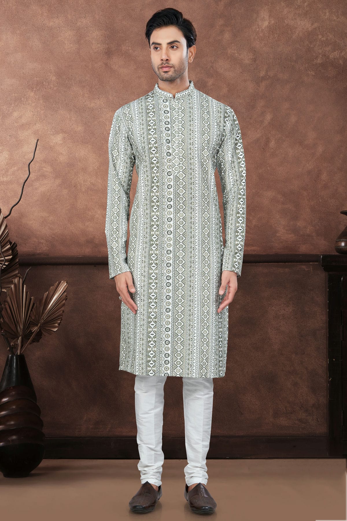 Green and Off White Soft Rayon Kurta Pajama