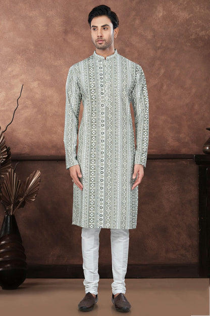 Green and Off White Soft Rayon Kurta Pajama