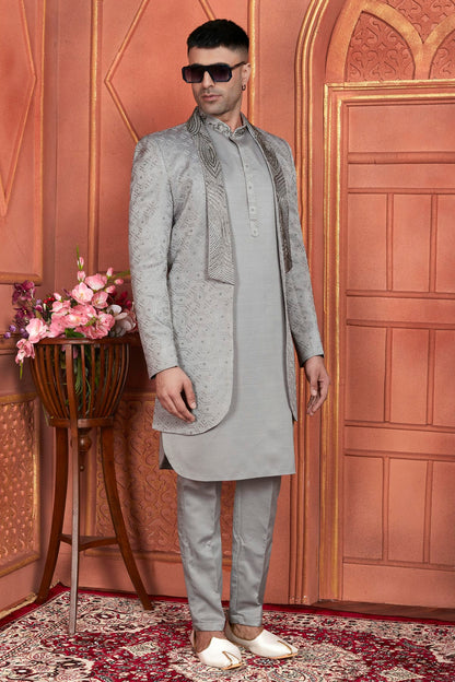 Grey Colour Art Silk Indowestern Sherwani With Aligadhi Pant VSSH1230002