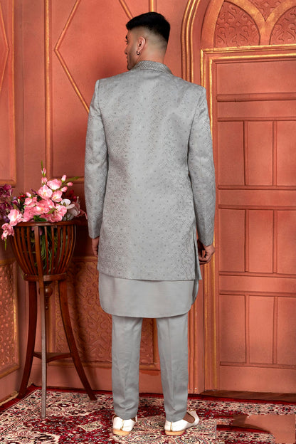 Grey Colour Art Silk Indowestern Sherwani With Aligadhi Pant VSSH1230002