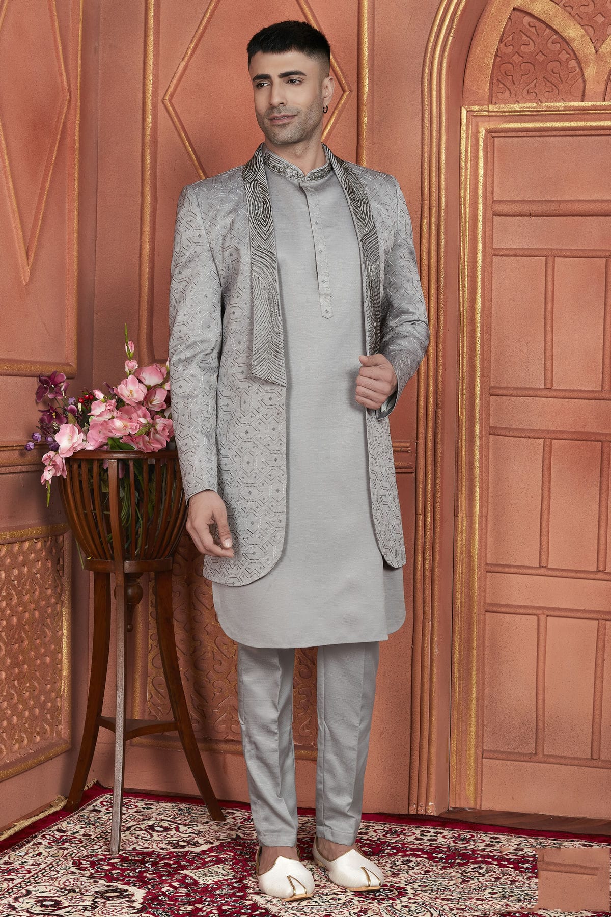 Grey Colour Art Silk Indowestern Sherwani With Aligadhi Pant