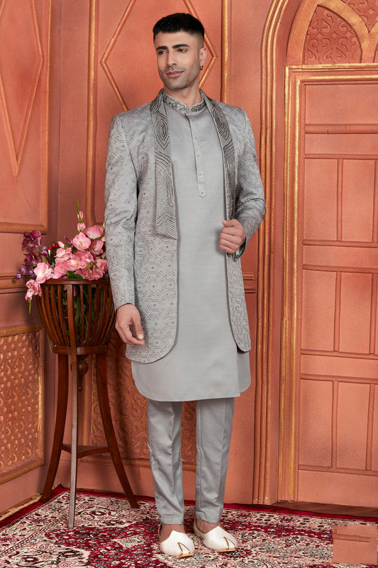 Grey Colour Art Silk Indowestern Sherwani With Aligadhi Pant