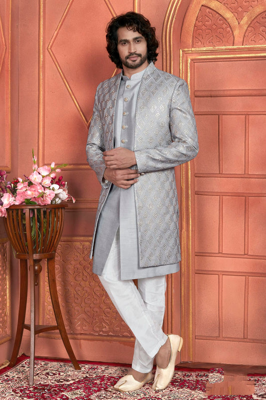 Grey Colour Art Silk Indowestern Sherwani With Aligadhi Pant