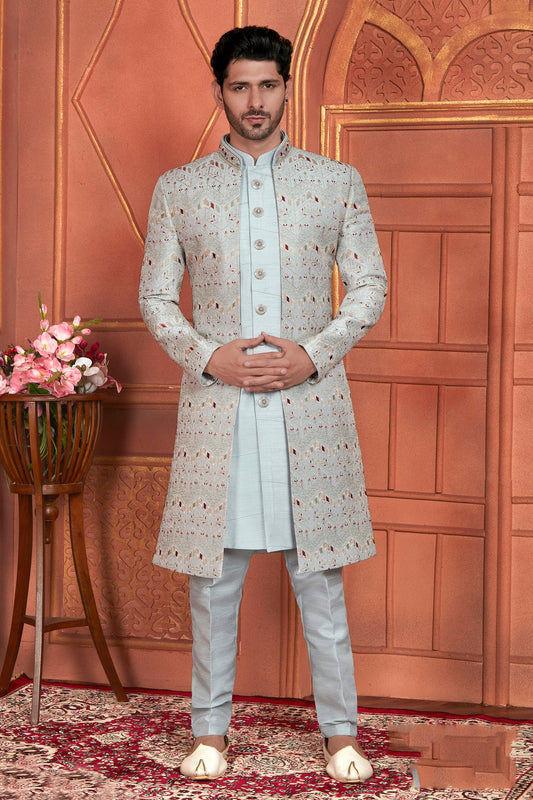 Grey Colour Art Silk Indowestern Sherwani With Aligadhi Pant