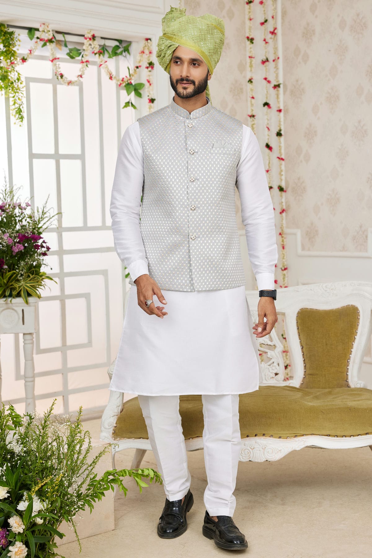 Grey Colour Art Silk Kurta Pajama With Jacket