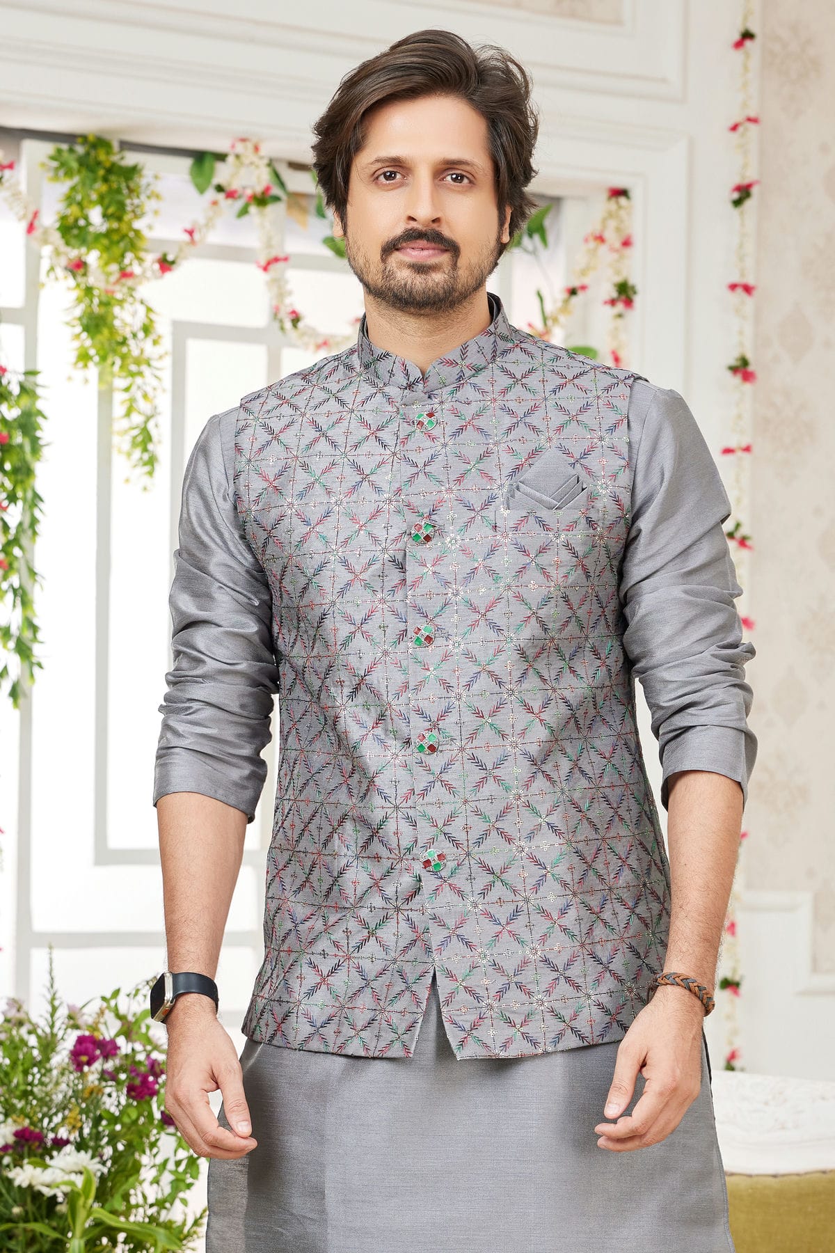 Grey Colour Art Silk Kurta Pajama With Jacket VSKP1230276