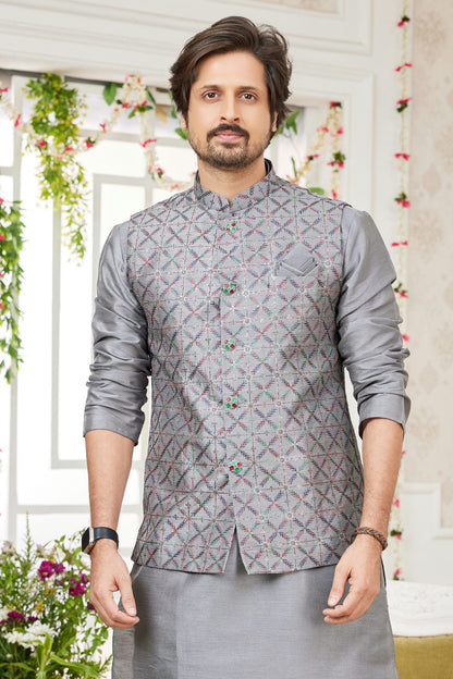 Grey Colour Art Silk Kurta Pajama With Jacket VSKP1230276