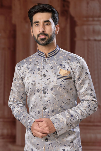 Grey Colour Banarasi Soft Jacquard Sherwani VSSH1040561