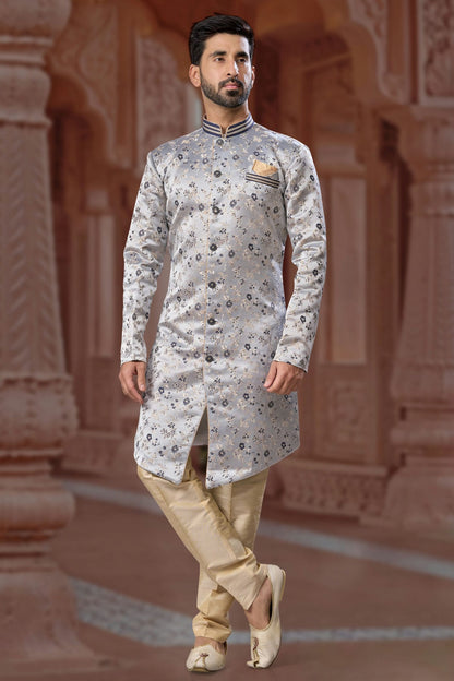 Grey Colour Banarasi Soft Jacquard Sherwani VSSH1040561