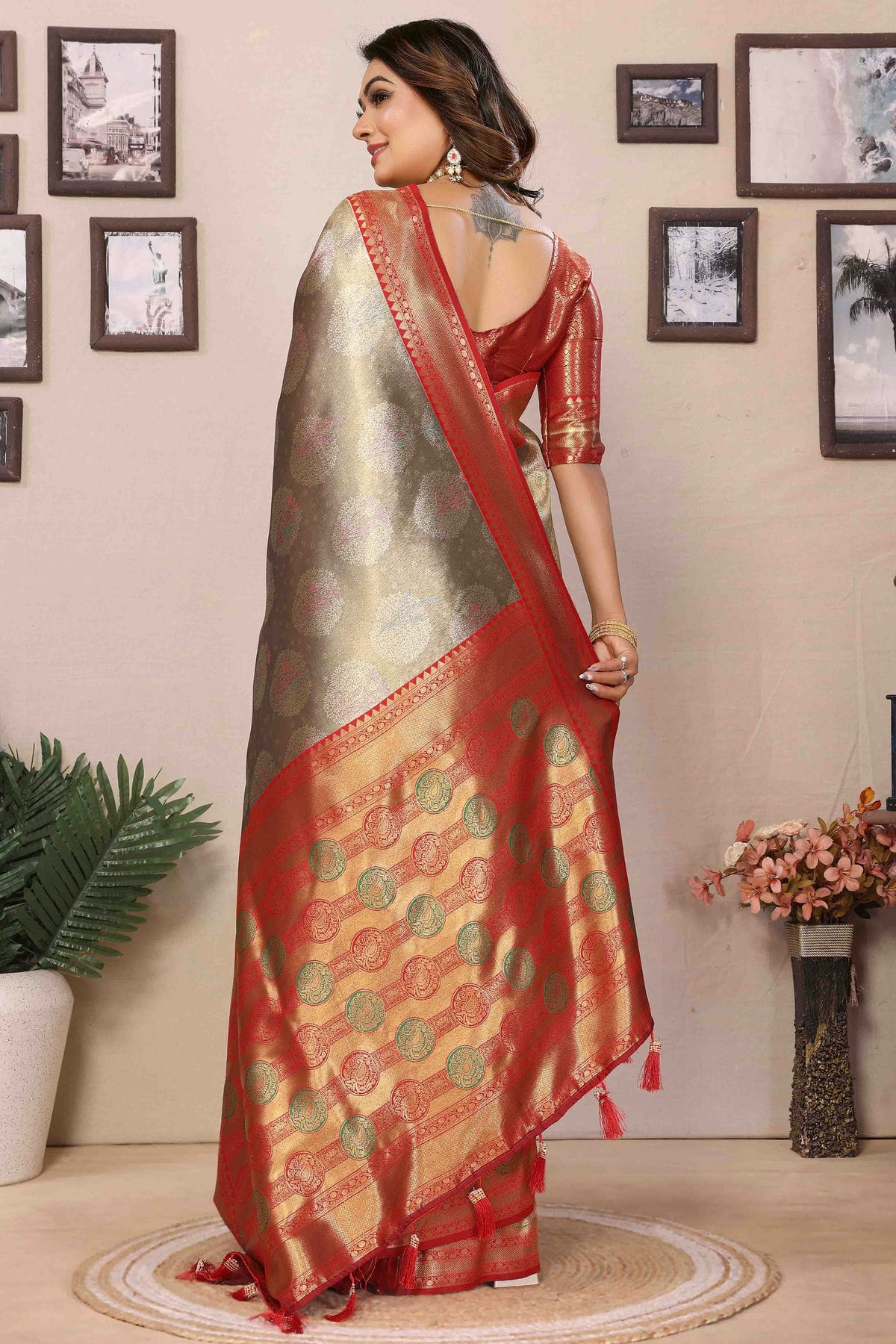 Grey Colour Banarasi Tissue Silk Traditional Saree