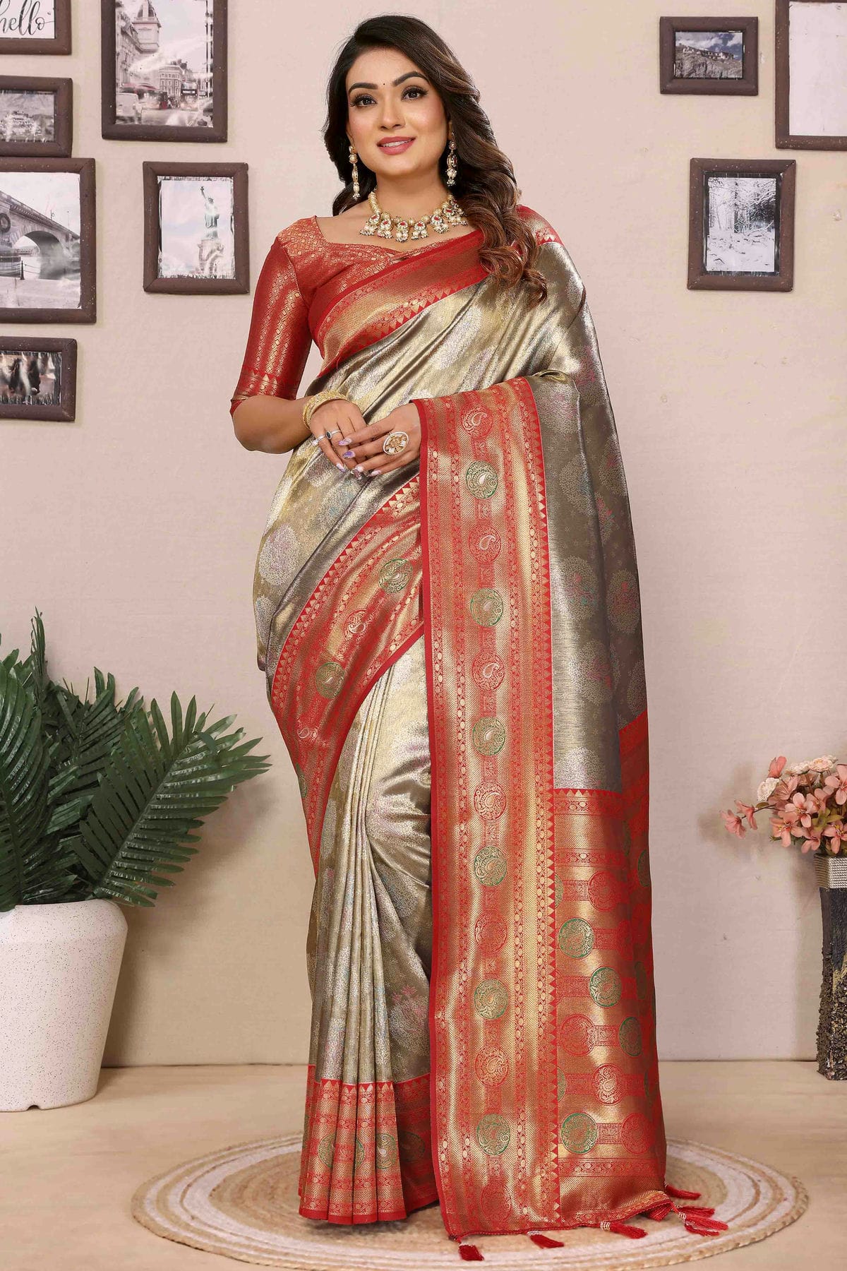 Grey Colour Banarasi Tissue Silk Traditional Saree VSSD1113100