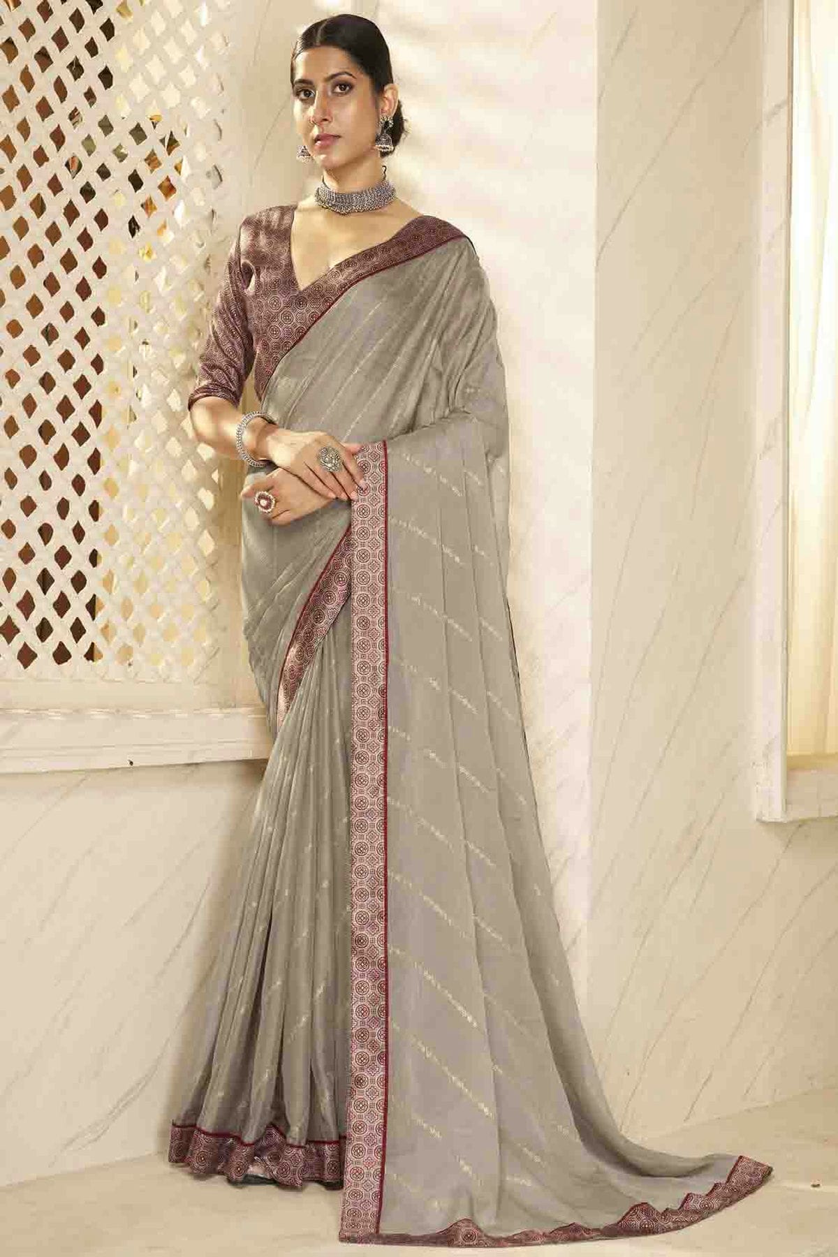 Grey Colour Chiffon Digital Foil Printed Designer Saree VSSD1113608