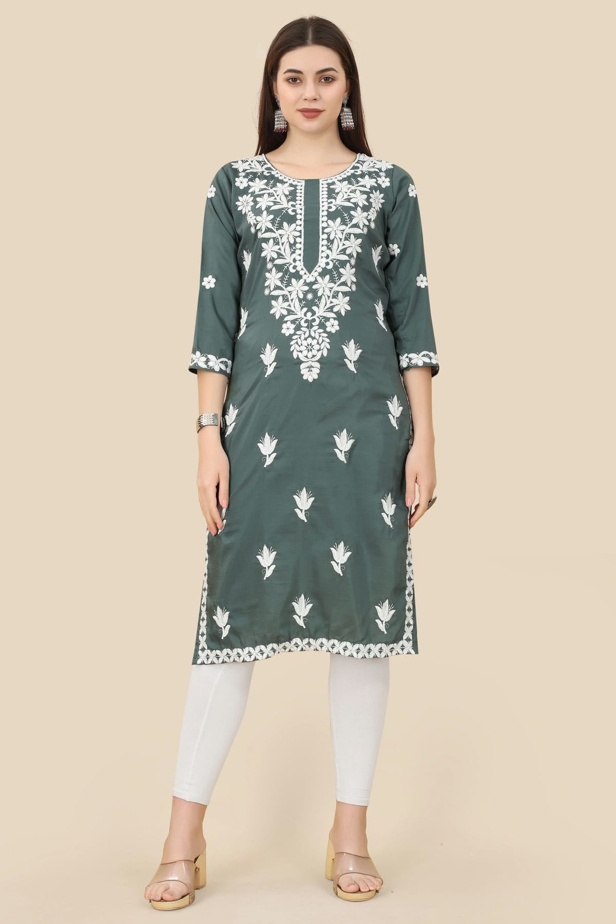 Grey Colour Chinon Silk Kurti