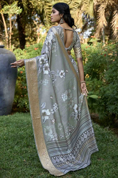 Grey Colour Cotton Silk Digital Floral Printed Saree VSSD1113767