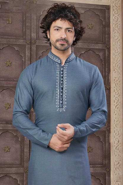 Grey Colour Embroidery Cotton Kurta Pajama VSKP1113456