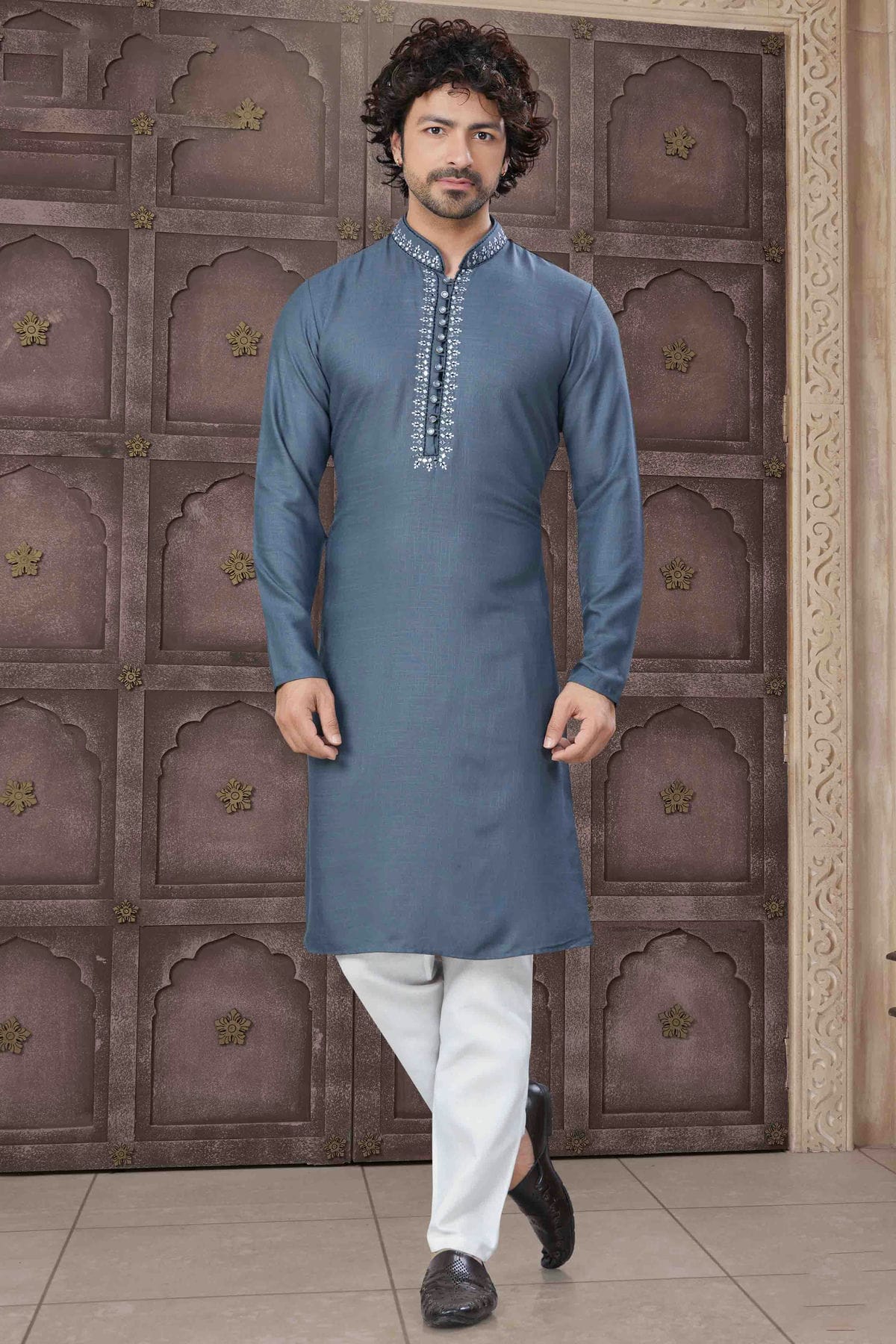 Grey Colour Embroidery Cotton Kurta Pajama VSKP1113456