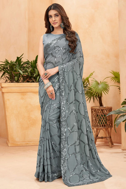 Grey Colour Faux Georgette Designer Saree