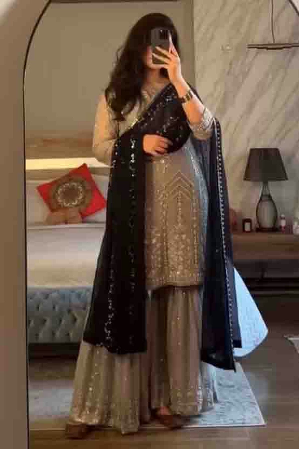 Grey Colour Faux Georgette Stitched Sharara Suit VSSS1140986