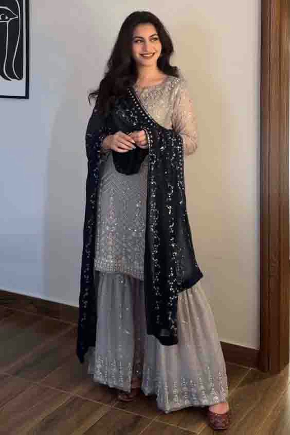 Grey Colour Faux Georgette Stitched Sharara Suit VSSS1140986