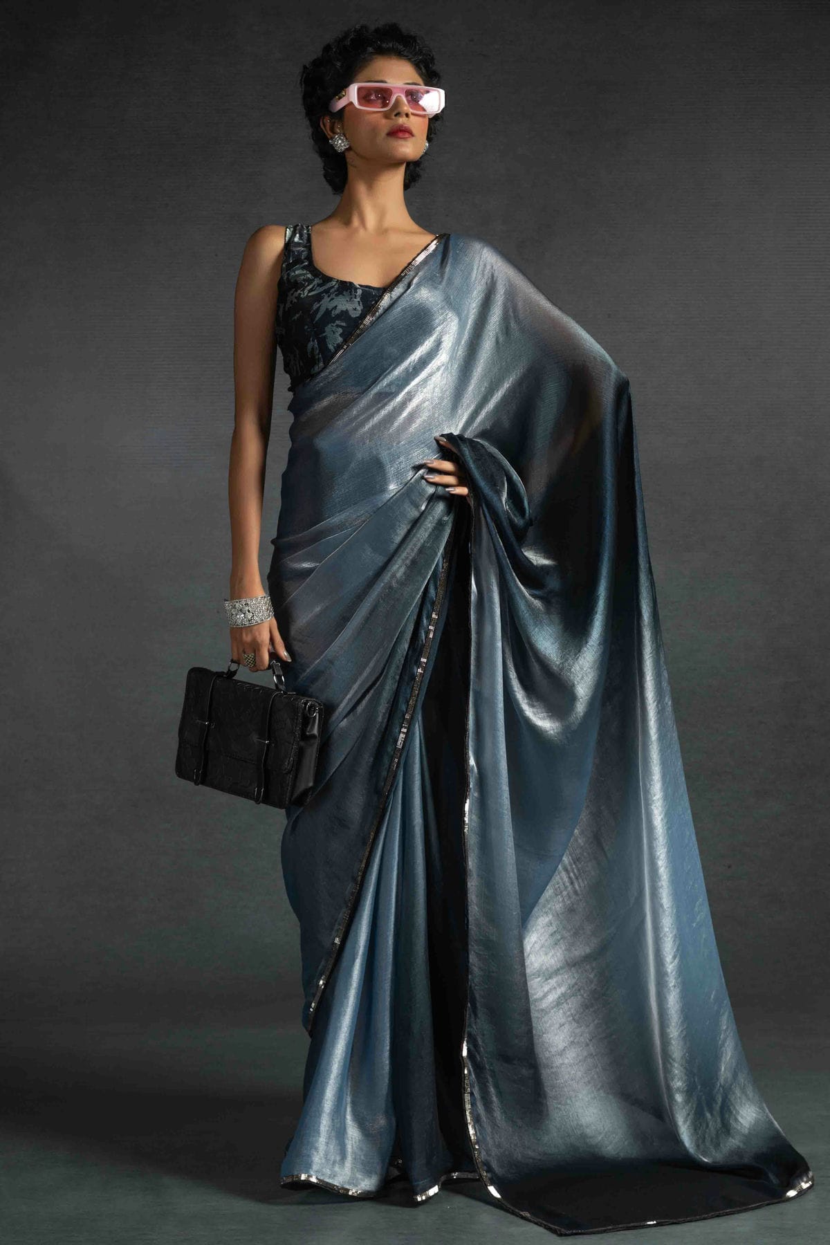 Grey Colour Fendi Satin Silk Ready To Wear Saree VSSD1122034