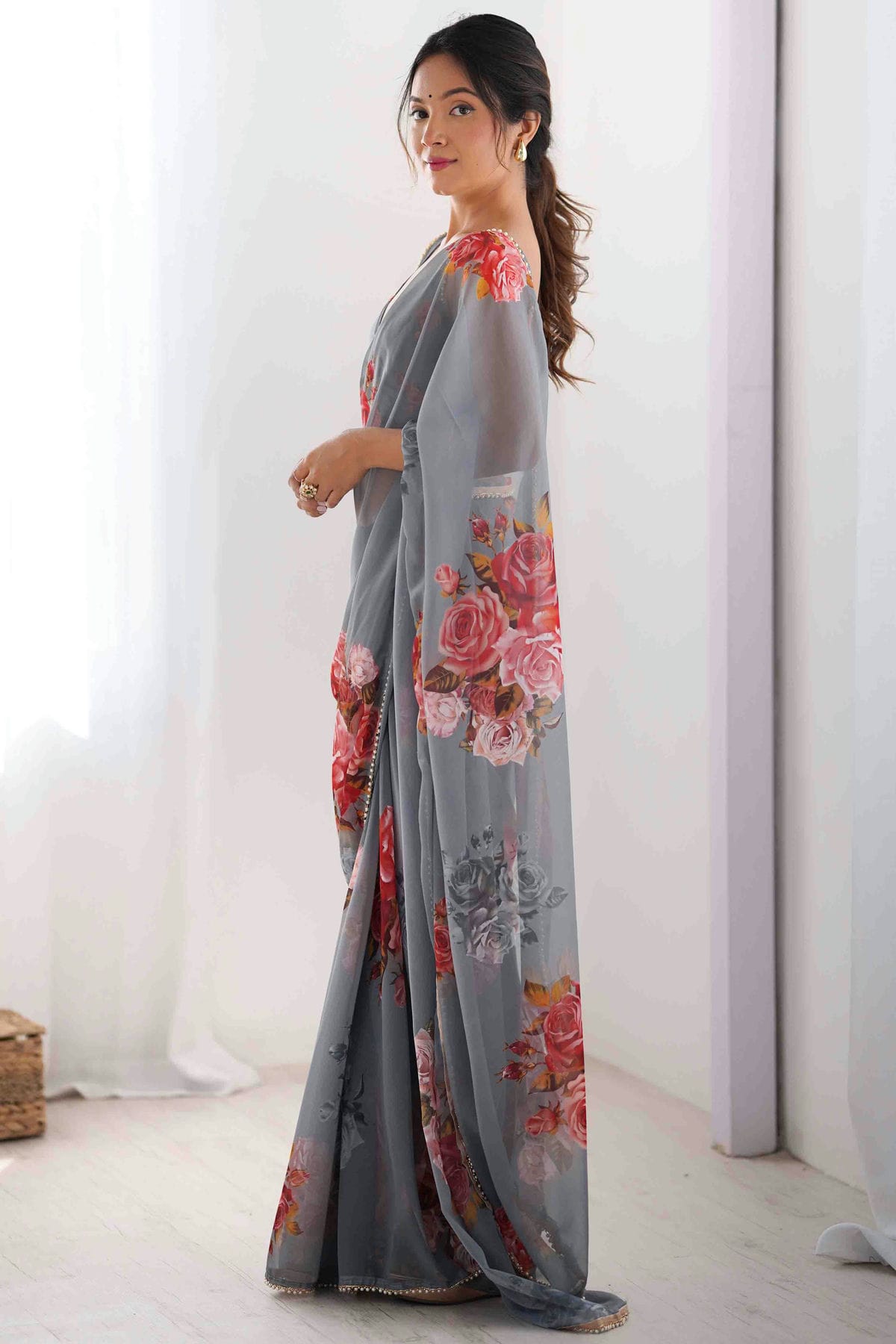 Grey Colour Georgette Hand Printed Saree VSSD1113562