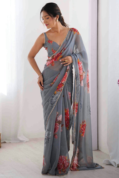 Grey Colour Georgette Hand Printed Saree VSSD1113562