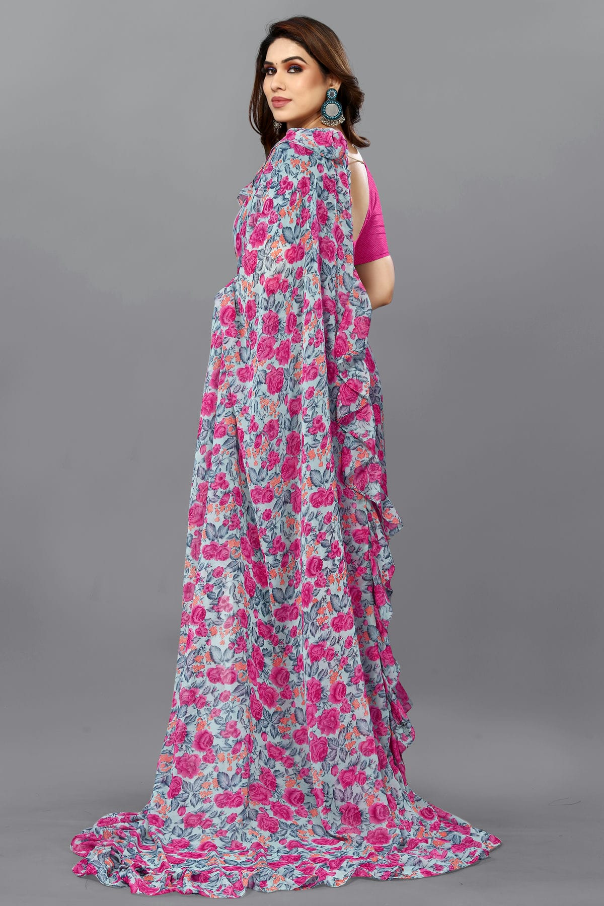 Grey Colour Georgette Ruffle Saree VSSD1180113