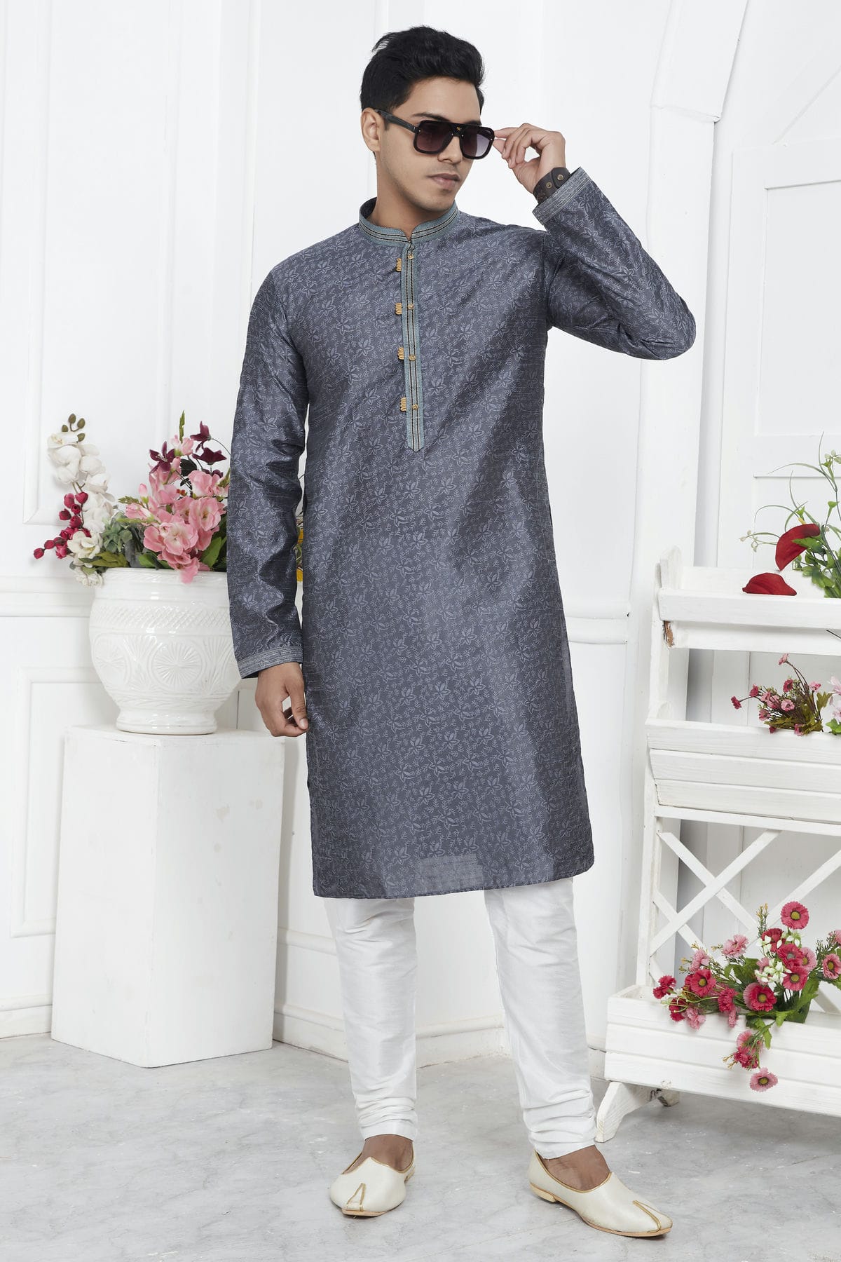 Grey Colour Jacquard Silk Brocade Kurta Pajama VSKP1230215