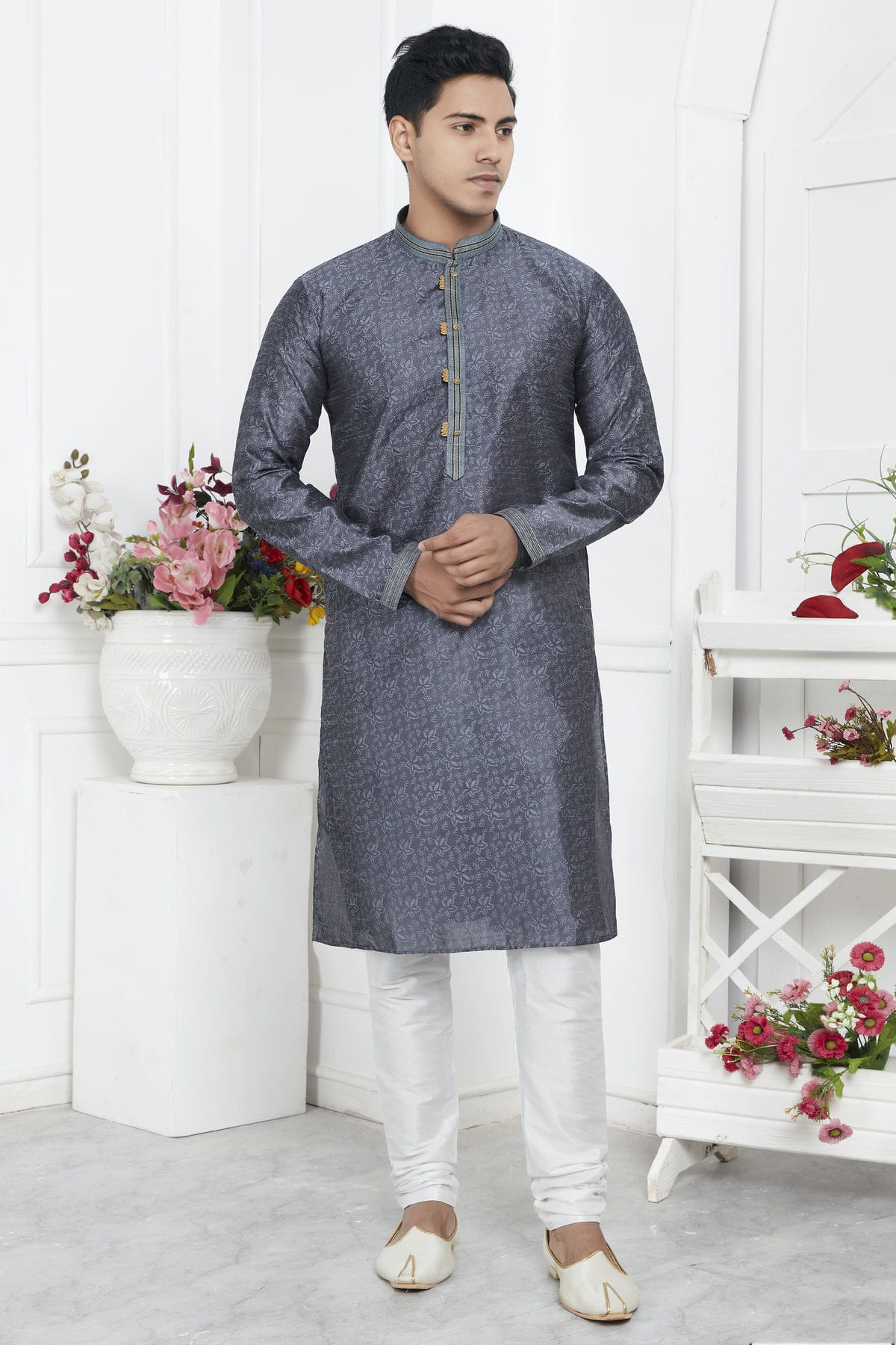 Grey Colour Jacquard Silk Brocade Kurta Pajama