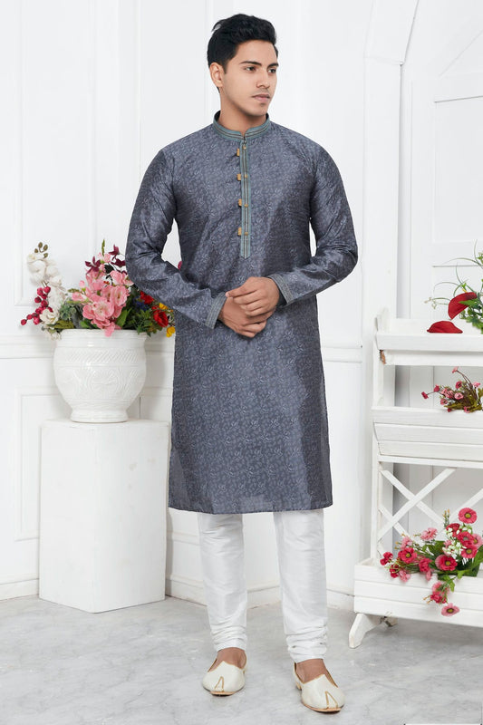 Grey Colour Jacquard Silk Brocade Kurta Pajama