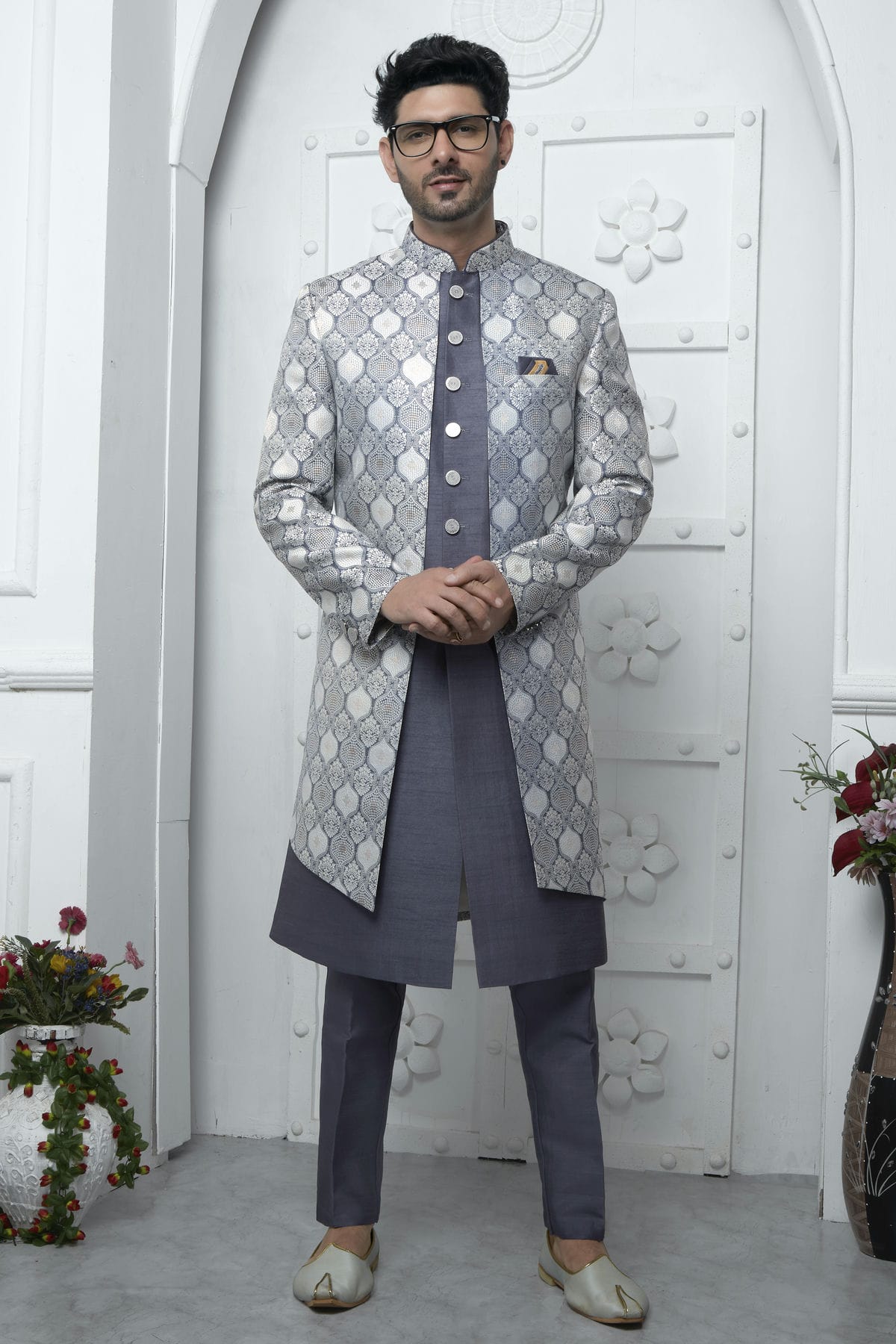 Grey Colour Jacquard Silk Indowestern Sherwani With Aligadhi Pant VSSH1230034