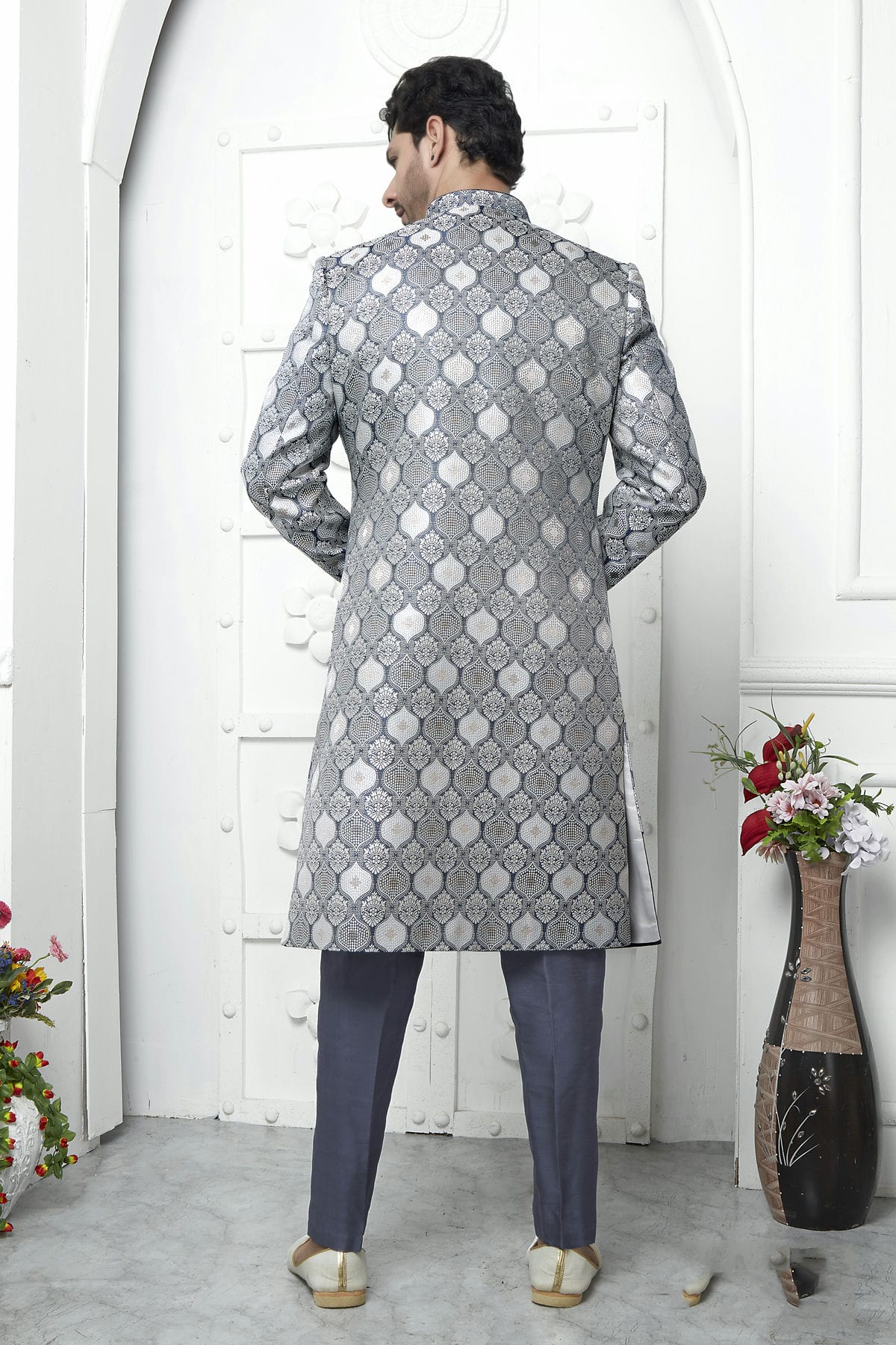 Grey Colour Jacquard Silk Indowestern Sherwani With Aligadhi Pant VSSH1230034