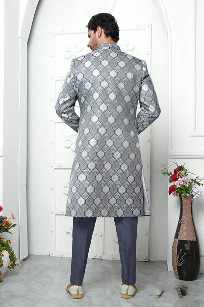 Grey Colour Jacquard Silk Indowestern Sherwani With Aligadhi Pant VSSH1230034